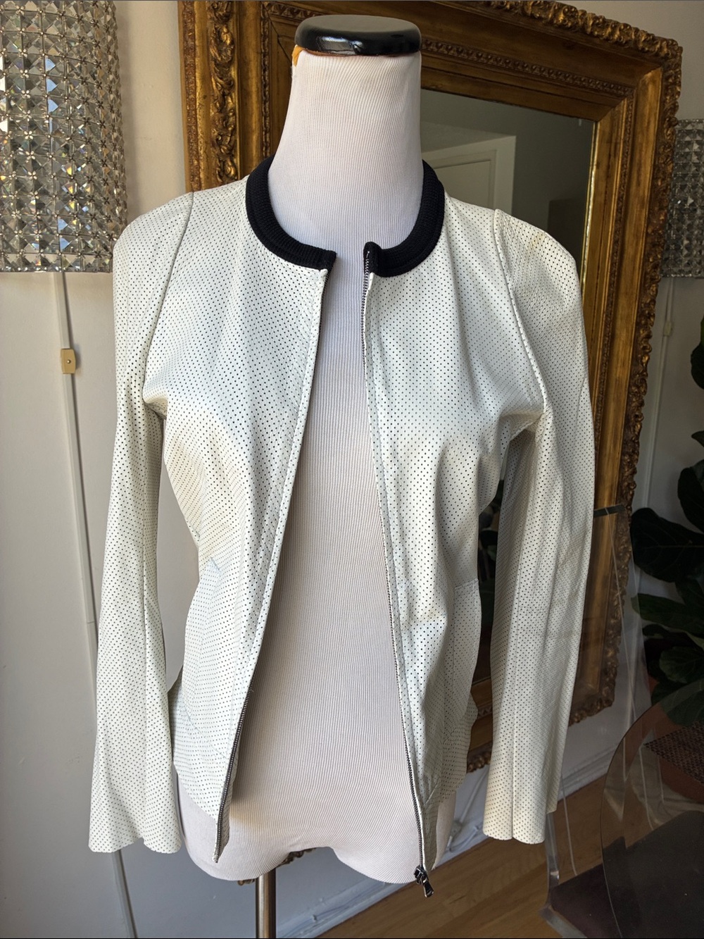 L’agence Women’s White Perforated leather Jacket with Black Trim size small